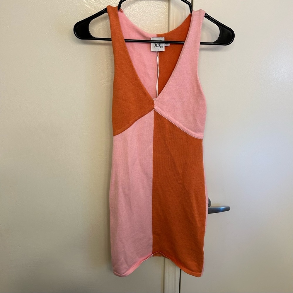 NWT Princess Polly Sienna Colorblock Knit Mini Dress Pink Orange Plunge Size M/L - Picture 2 of 10